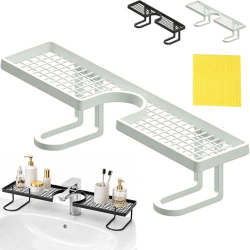 Behind The Faucet Sink Organizer, Over Sink Faucet Storage Rack, No Drill U Shape Shelf, Waterproof & Rustproof Faucet Storage Shelf for Kitchen, Bathroom, Shower, Space-Saving (White)