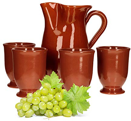 MamboCat, Set da 5 pezzi: Brocca di argilla, 1 l + 4 bicchieri di argilla, 200 ml, resistenti stoviglie di argilla, marrone smaltato