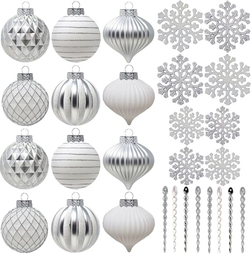 SLEETLY 28pk White Silver Christmas Baubles for Tree Decorations - Holiday Xmas Shatterproof Plastic Ball Ornaments, Icicles and Snowflakes Set