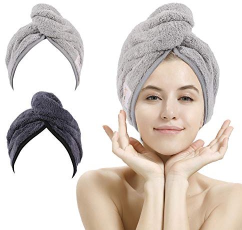 M-bestl 2 Pack Haartuch Turban, Mikrofaser-Haartrocknungshandtuch mit Knopfdesign zum Trocknen der Haare (Dunkelgrau & Hellgrau