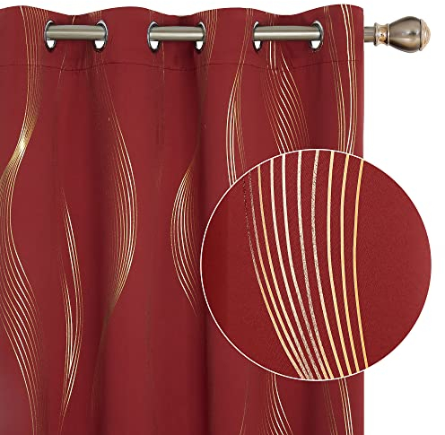 Deconovo Blackout Eyelet Curtains Thermal Insulated Gold Wave Line Foil Printed Curtains for Bedroom 46x90 Inch Red 2 Panels