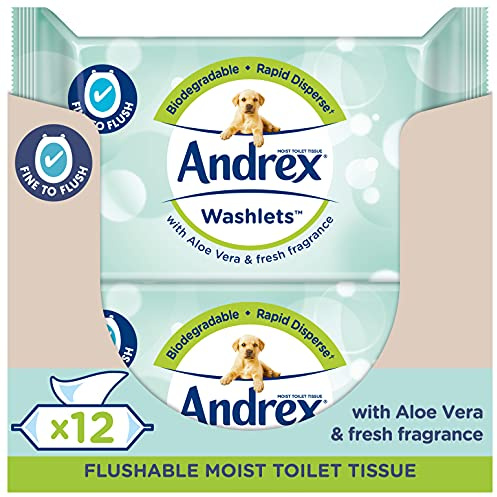 Andrex Washlets Toilettentücher spülbar, Aloe Vera Duft, zertifiziert Fine to Flush, plastikfrei & biologisch abbaubar, 12 feuchte Toilettenpapierpackungen