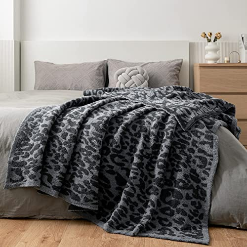 MH MYLUNE HOME Large Soft Micro Plush Leopard Blanket (71x78 inch, Dark Blue | Charcoal Grey) Warm Reversible Cheetah Blanket Leopard Pattern Throw for Sofa Couch Bed