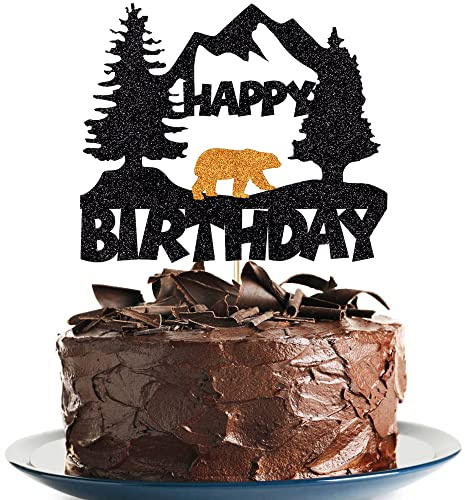 Bear cake topper birthday party decoration photo supplies black glitter bear haunt happy birthday cake decoration