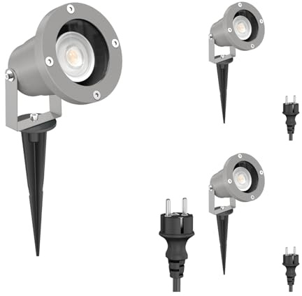 ledscom.de 3 Stück Gartenstrahler DUK mit Erdspieß für außen, IP65, Stecker, grau, inkl. GU10 LED 468lm warmweiß