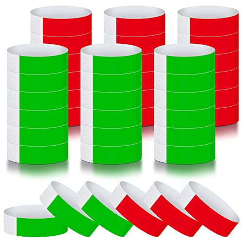 Tudomro 200 Counts Paper Wristbands Neon Adhesive for Events, Green, Red