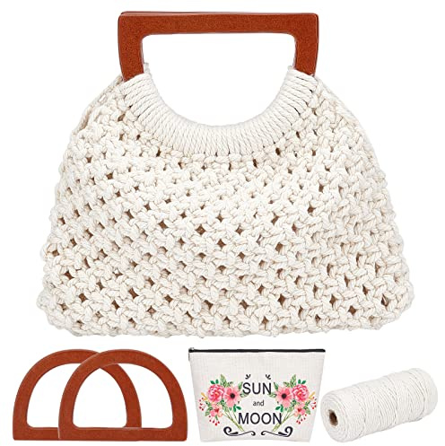 WEBEEDY Makramee Tasche DIY Kit Für Erwachsene Anfänger Boho Makramee Handtasche Mit Holzgriff Handgefertigte Strandtasche Kit Für Frauen/Mädchen Sommer Starter DIY Set Geburtstagsgeschenk (Natur)