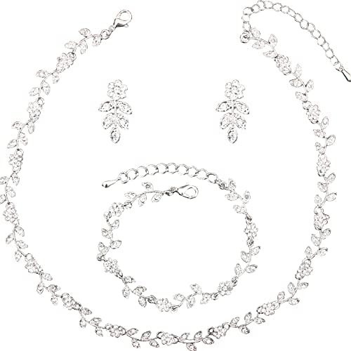 Enrwin Austrian Crystal Rhinestone Choker Necklace Dangle Earring Link Bracelet Jewelry Set for Brides Bridesmaid Prom Costume Accessories for Women (White-Platinum Plated)