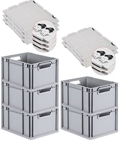 PROREGAL SuperSparSet 5x Eurobox NextGen Grip mit Scharnierdeckel und schwarzen Schiebeschnappverschlüssen, HxBxT 22x30x40cm, 20 L, Grau, Griffe offen, Eurobehälter, Transportbox