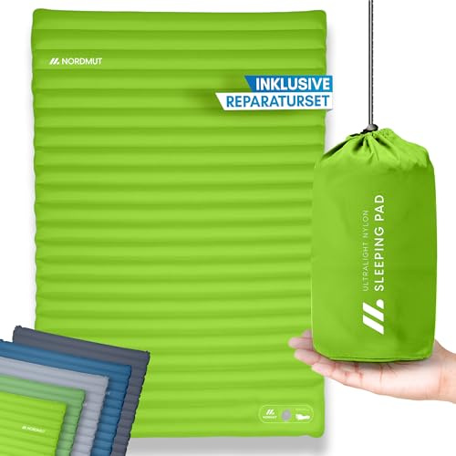 NORDMUT® Isomatte Selbstaufblasend 2 Personen - Outdoor Matratze 10cm Ultra komfortabel - Luftmatratze Selbstaufblasend für kinderleichtes aufpumpen - Wetterbeständige Camping Matratze (Hellgrün)