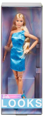Barbie Looks Puppe, Sammelfigur Nr. 23 mit aschblonden Haaren und moderner Y2K-Mode, metallisch-blaues One-Shoulder-Kleid mit Riemchensandalen, HRM15