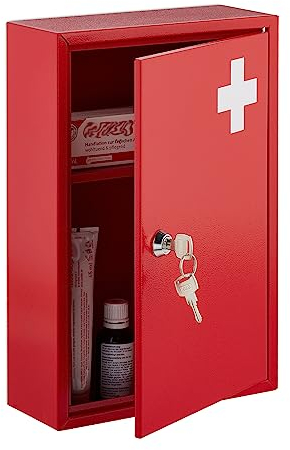 Relaxdays Medizinschrank, abschließbar, 2 Fächer, HxBxT: 32 x 21,5 x 9,5 cm, für Medikamente, Arzneischrank, rot/weiß