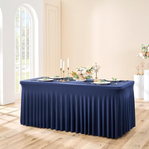 NSSONBEN 1 confezione da 1 tovaglia in spandex blu navy per tavoli rettangolari da 180 cm, senza pieghe, con gonna per banchetti, feste, matrimoni, compleanni, riunioni, espositori