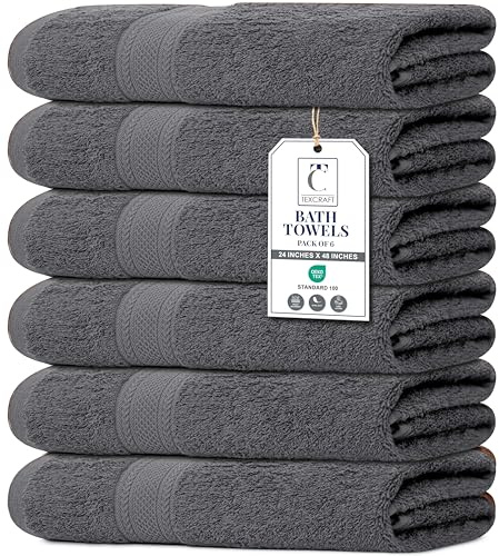 TEXCRAFT Medium Size Bath Towels Set of 6 – 100% Cotton Terry – 24 x 48 – Quick Dry, Soft & Highly Absorbent – Grey Towels for Bathroom, Gym, Spa, Pool & Daily Use