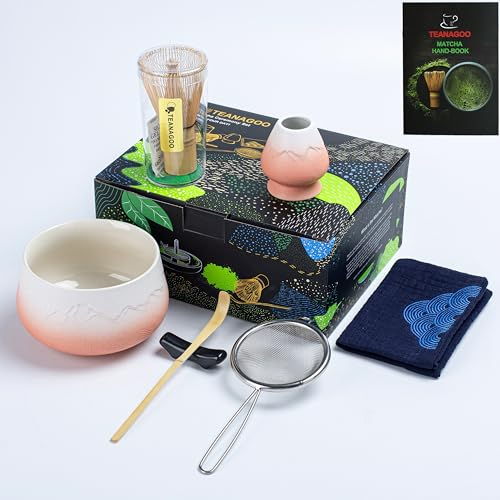 TEANAGOO Matcha Set (7pcs) Matcha Whisk Mtacha Kit Matcha Bowl Bamboo Matcha Whisk (Chasen) Scoop (chashaku) Whisk Holder. N25, Orange Giadient White, Matcha Gift