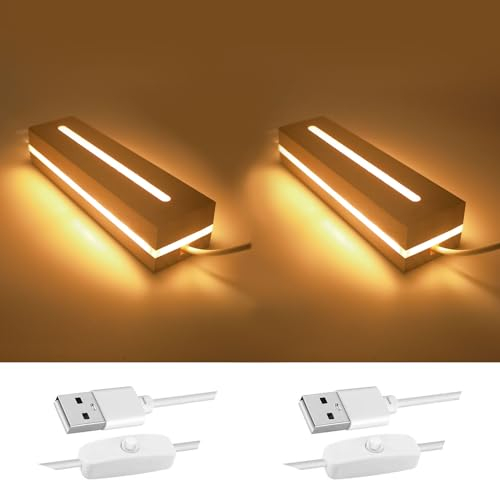 2Pcs Wooden Rectangle Light Base, Warm Color Rectangular Wooden Lighted Base Stand for Acrylic, Crystal, Night Light, Glass Resin Art (Warm Color)