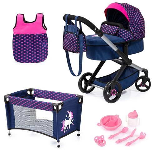 Bayer Design 17054AB carrozzina per bambole, passeggino, con letto, borsa, sacco a pelo e accessori in plastica