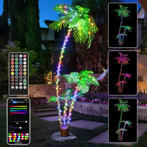 7FT Smart Lighted Palm Tree - App & Remote RGB LED with Music Sync, 3 Trunks DIY Color Changing Artificial Palm Tree, Dimmable Timer Pre-Lit Faux Tree for Outdoor Patio Poolside Tiki Bar Party Decor