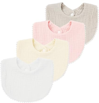 Nishine 4-pack muslin baby dregel haklappar, småbarn pojkar flickor bomull dregel haklappar, matning tandsprickningshaklappar med snäppe, Vit förpackning – 4 st