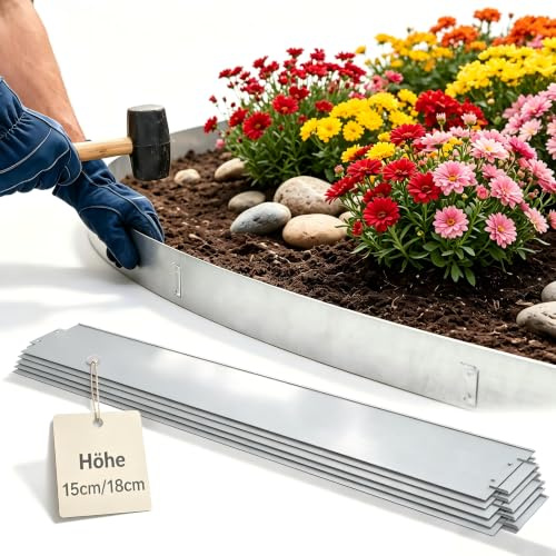 Suusolny Metall Rasenkanten Beetumrandung, 100cm Länge x 15cm Höhe, flexibel biegbar für Gartenbeete Rasen Terrasse, 10 Stück Gesamtlänge 10m, Farbe Silber