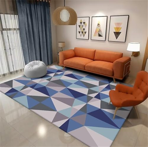 RUGMRZ Schöne Teppich 90x150CM für Schlafzimmer Wohnzimmer kurzflor Blau Grauer, moderner, leicht zu reinigender Jugendteppich mit geometrischem Muster