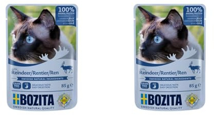 BOZITA Nassfutter Häppchen in Gelee mit Rentier 12x85g Pouch Portionsbeutel - getreidefrei - für Erwachsene Katzen - Alleinfuttermittel (Packung mit 2)