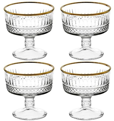 Queensway Home & Dining Footed Ice Cream Bowls – Elegant Glass Dessert Cups with Hand-Finished Gold Rim for Ice Cream, Sorbet, and Parfaits (Set of 4)