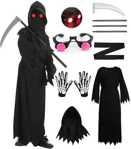 VYXIDEX Grim Reaper Costume for Kids Halloween Scary Ghost Costume with Glowing Red Eyes Scythe Accessories Set (Small 5-7 yrs)