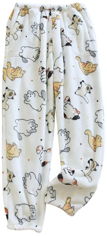 Dam luddig fleece pyjamasbyxor söta tryck flanellbyxor vinter varma pyjamasbyxor damklänning byxor höga, Vitt, M