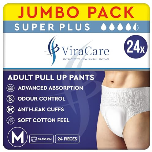 24 x Super Plus Incontinence Pants Women & Men | Adults Nappies | Advanced Absorption and Soft-Stretch Waistband | Adults Pull Up Pants | Waist Size Medium 65-135 cm | (2 Packs of 12) (Medium)