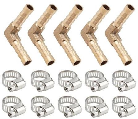 NICENEEDED 5PCS 1/4 Hose Barb Fitting, 90 Degree Elbow Connector, Right Angle Brass Barbed Fitting for Water Fuel Air