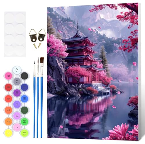 Fumupe Paysage Peinture Numero Adulte avec Cadre, Peinture par Numero Cerisiers en Fleurs, Peinture Acrylique Numéro d'art avec 3 Pinceaux, Loisirs Créatifs Adultes, Activité Manuelle Adulte, 20x30cm