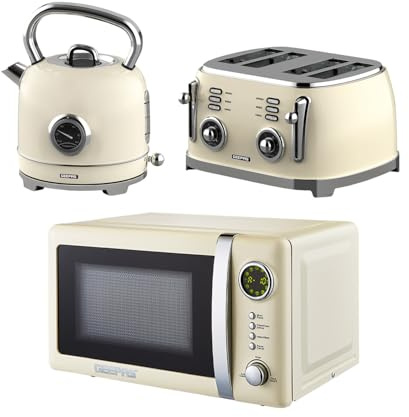 GEEPAS Retrovive 1.8L Electric Kettle, 4 Slice Bread Toaster & 20 Litre 700W Digital Freestanding Microwave Oven Kitchen Combo Set | 3000W Vintage Cordless Kettle | Defrost/Reheat/Cancel 1500W | Cream