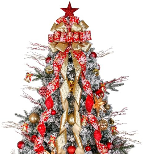 Christmas Tree Topper Wreath Bow Large Christmas Bow Tree Topper 52x13 Red Gold Snowflake Patterned Gift Bows for Xmas Holiday Home Wedding Thanksgiving Indoor/Outdoor Decoration