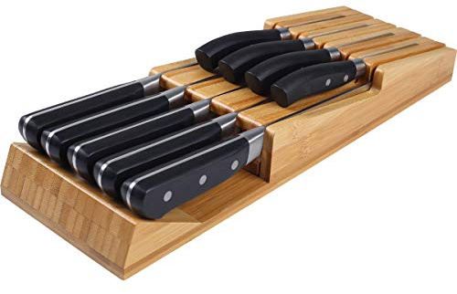 Bamboo in-Drawer Knife Block Set for 16 Knives(Not Included), Large Kitchen Detachable Washable Cutlery Slot Organizer Storage Holder for Sharpening Steel and Cutter (Bamboo)