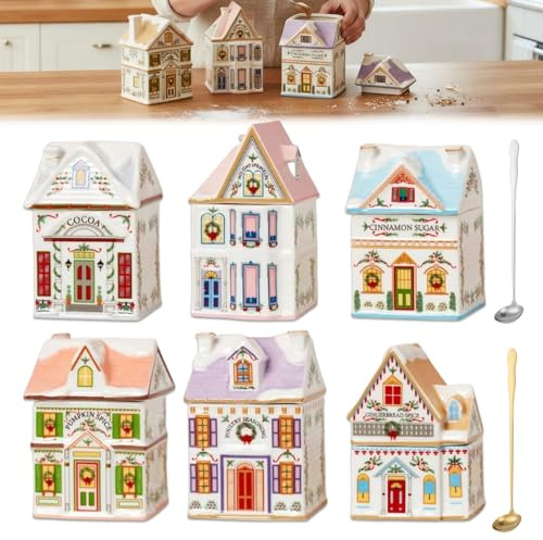 Holiday Village Spice House Set, A Mini Christmas Wonderland for Your Kitchen, Gingerbread House Spice Jars with Label, Seasoning Jars for Cinnamon, Sugar & Cocoa, Xmas Kitchen Countertop Decor