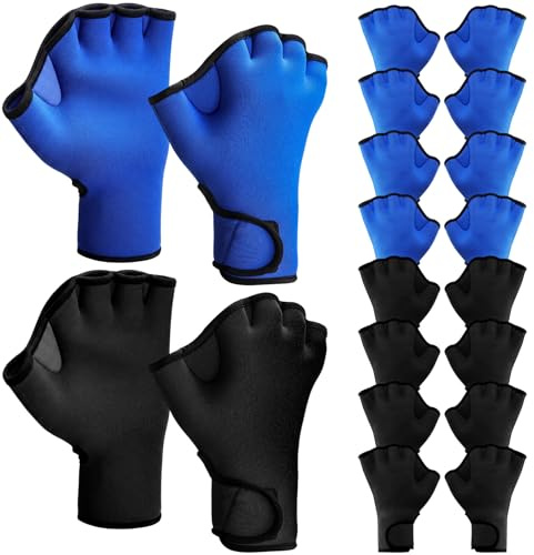 Gemscream 10 Pairs Swim Gloves Bulk Aquatic Training Water Gloves, Neoprene Mittens Webbed with Wrist Strap, Medium for Men Women, Training Water Resistance Swimming Diving Fitness Black & Blue