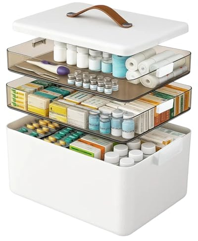 Toemics 3 Ebenen Medikamentenbox Organizer mit Tragegriff, Hausapotheke Medizinbox aus Kunststoff Großer Erste Hilfe Kasten, Arzneikasten zur Aufbewahrung von Medikamenten Weiß 34x22x25cm