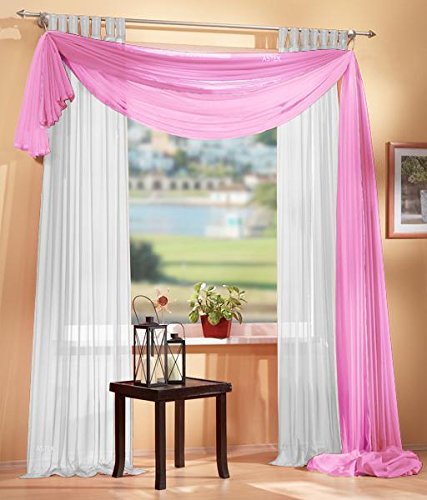 Gardinen Set, 2 x Schlaufenschal Voile, transparent, 245x140, Weiß, 1 x Voile Querbehang, Freihanddeko, 140x600, Rosa, 61000560