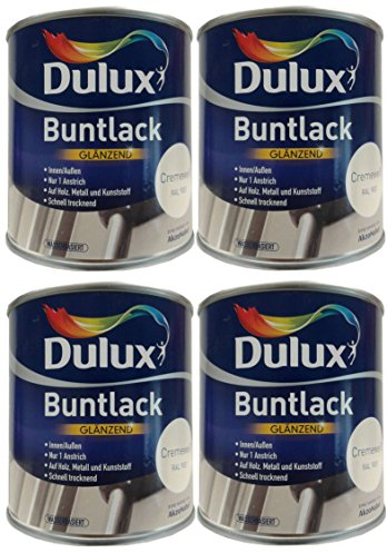 4 x 250ml Dulux Buntlack Glänzend für innen/außen 1 L Farbwahl, Farbe:Cremeweiß Ral 9001