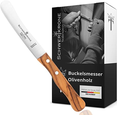 Schwertkrone Buckelsmesser - Das originale Frühstücksmesser aus Solingen - Edelstahl, rostfrei, Dünschliff, Olivenholz - Brötchenmesser Brotzeitmesser