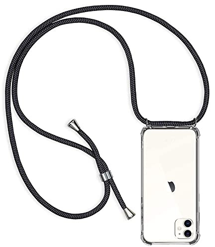 Casecool für iPhone 11 Hülle mit Band, Handyhülle iPhone 11 Handyband Hülle mit Kette Schutzhülle Kordel zum Umhängen Transparent Weich TPU Silikon Bumper, Schwarz