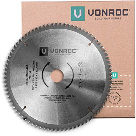 VONROC Lame de Scie Universelle Pour Bois MS804AA - Lame Scie Circulaire 254 mm de Diamètre Avec 80 Dents – Lame Scie À Onglet Radiale Précision en Métal