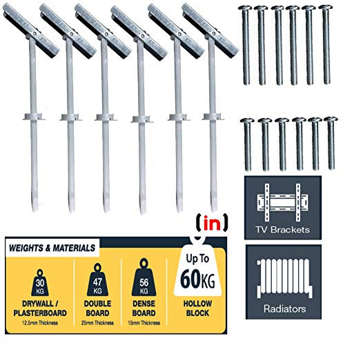 Inbrackets Tv Bracket Plasterboard Fixing Kit suitable for Hollow plasterboard walls (Pack of 6)