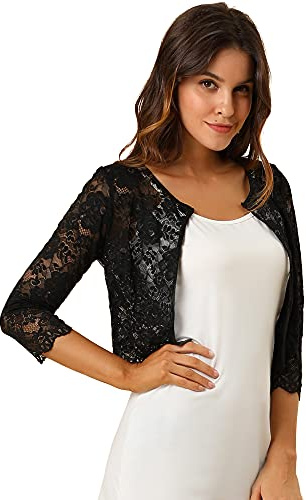 Allegra K Women's Lace Shrug Elegant 3/4 Sleeve Open Front Sheer Floral Bolero Shrugs Tops Large Black