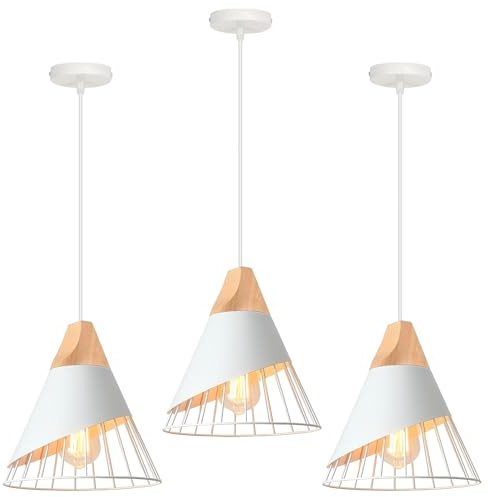 TOKIUS Pendelleuchte Modern Vintage Hängeleuchte Holz Lampenschirm aus Metall E27 Lampenfassung Hängelampe Ø25cm Kreative Deckenleuchte für Schlafzimmer Küche Esszimmer (3 Stücke, Weiß)