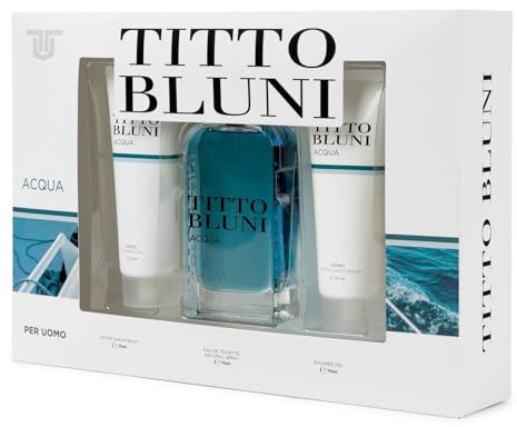 TITTO BLUNI - Estuche de Regalo Hombre Acqua Uomo, Colonia 75 ml + After Shave + Gel de Baño, Eau de Toilette Masculina, Aroma Especiado e Intenso, Fragancia Atractiva y Duradera