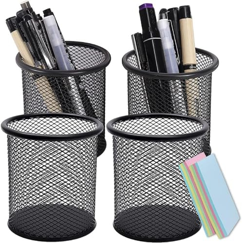 DARUITE Pen Holder, 4PCS Round Metal Mesh Pen Pots for Desk, Multifunctional Pencil Pot, Desk Tidy Organiser for Office Home School, Black