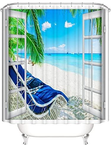 OCEUMACO 3D Strand Motiv Duschvorhang 200x200 Blau Meer Fenster Shower Curtains Textil Antischimmel Wasserdicht Grün Palmen Blätter Beige Duschvorhänge Badewanne Stoff aus Polyester Waschbar