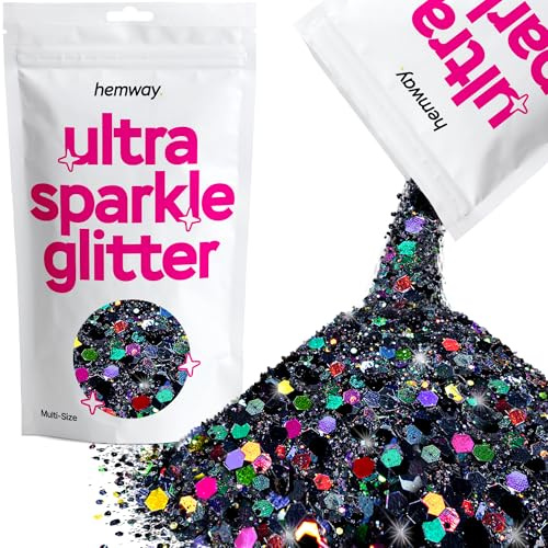 Hemway Ultra Sparkle Glitter - Grobstrick-Feinkosmetik-Glitter-Mix in mehreren Größen für Körper, Gesicht, Haare, Augen, Nail Art Festival, Basteln Tumbler - Schwarz Holographisch - 100g / 3.5oz